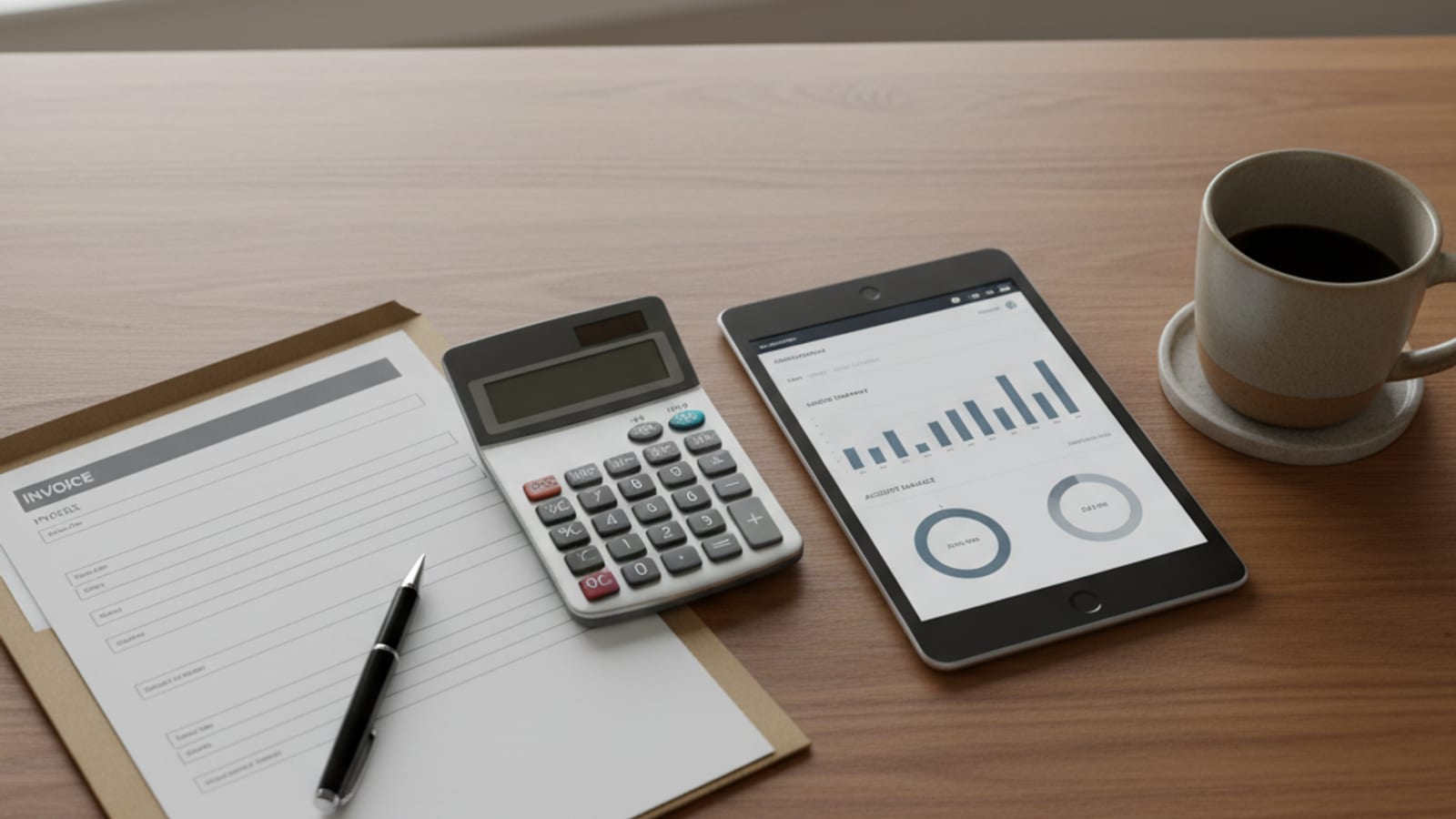 Overhead view of a kitchen counter with an EV charger installation invoice a calculator a tablet showing utility account information and a pen ready for filing rebate paperwork