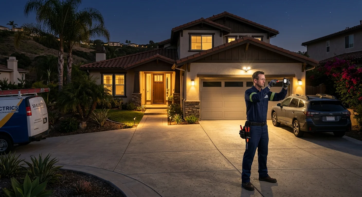 A tastefully illuminated home exterior at night in San Diego, where motion-activated lights brighten the driveway and entryway, creating a sense of safety.