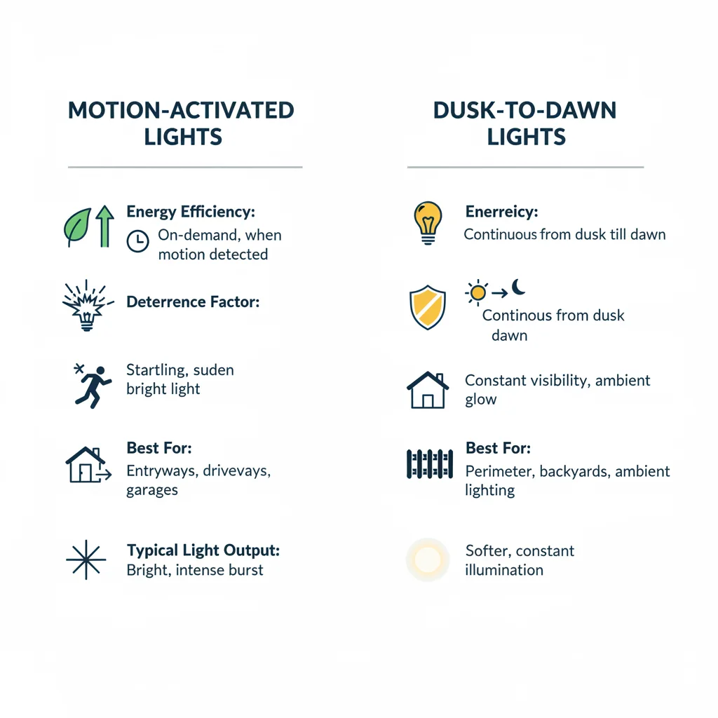 An infographic comparing key features and ideal applications for motion-activated versus dusk-to-dawn security lighting.