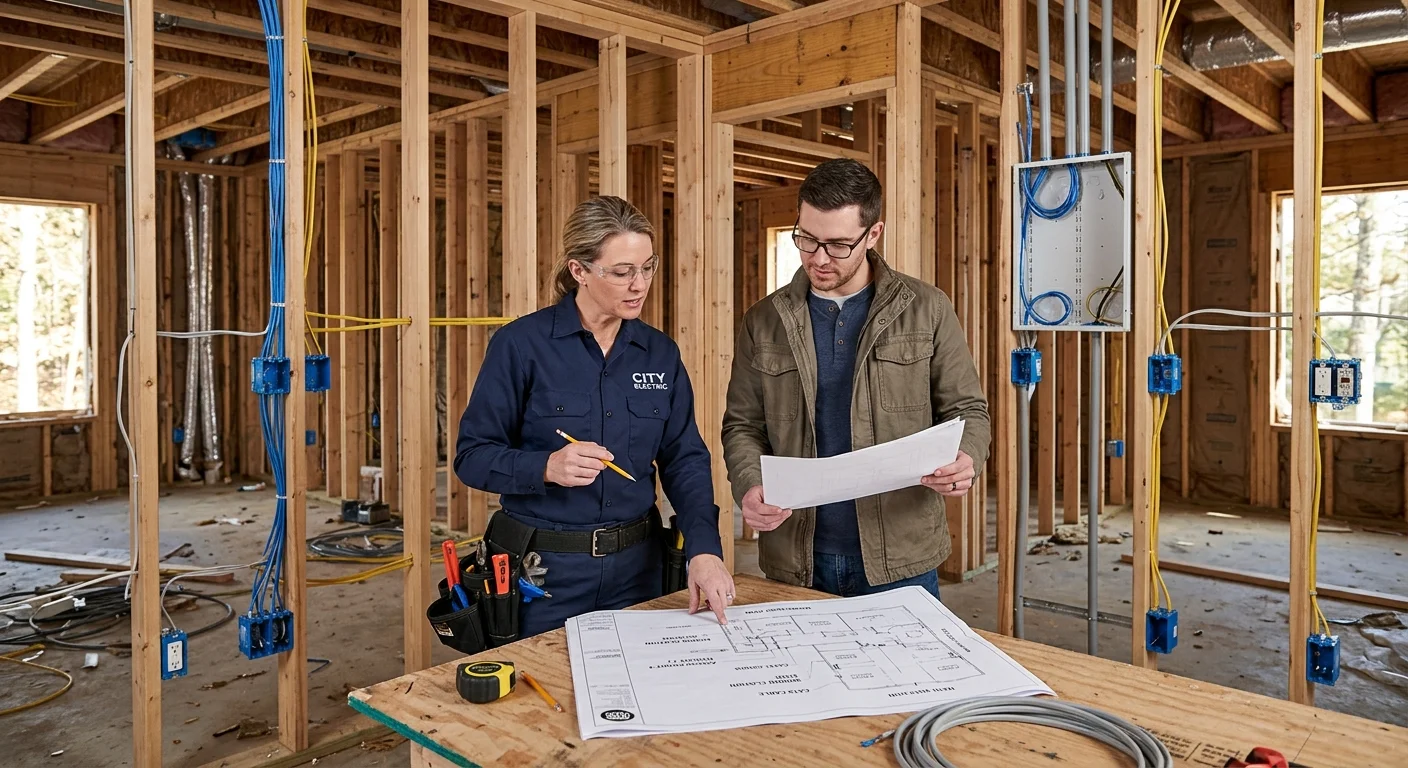 Homeowner and wiring pro reviewing a smart-home hub plan before drywall