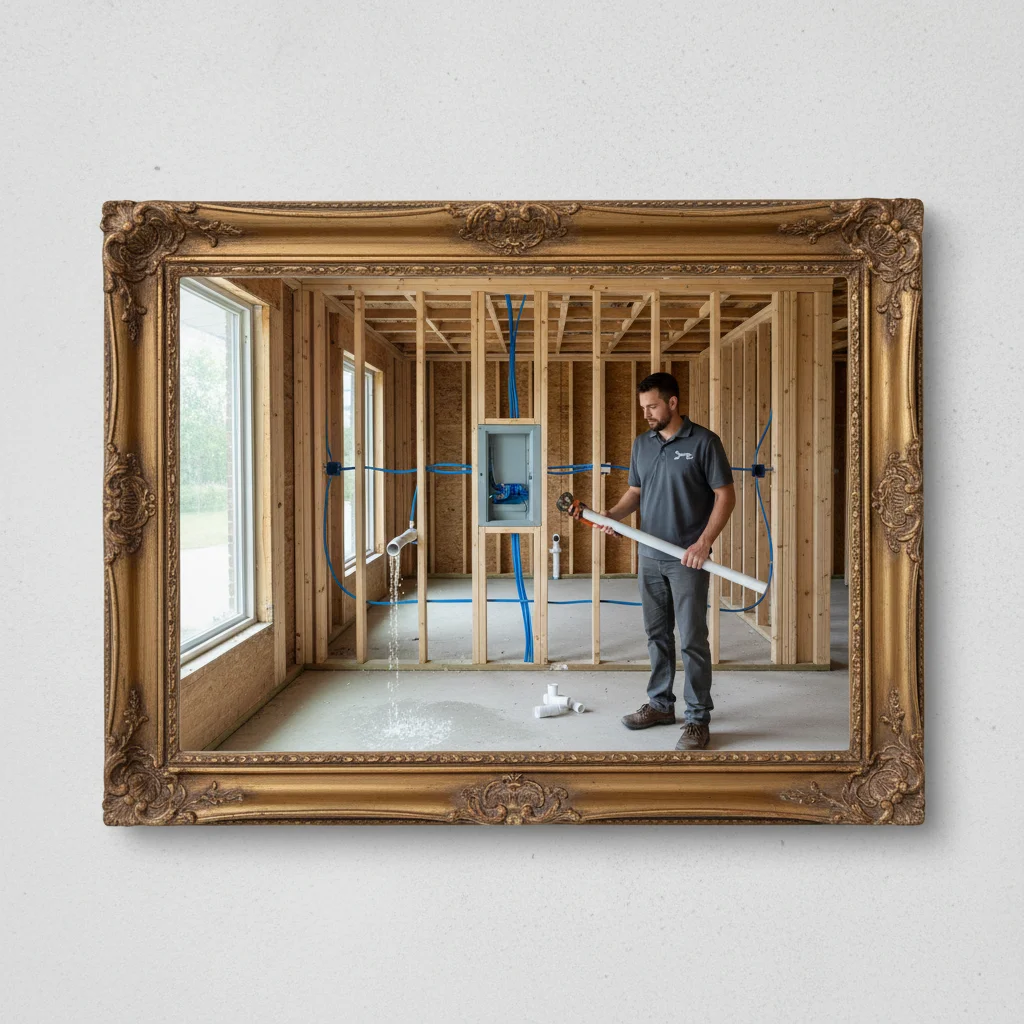 Exposed wall studs with Cat6 cable and Romex runs stapled neatly, structured media panel visible during home remodel