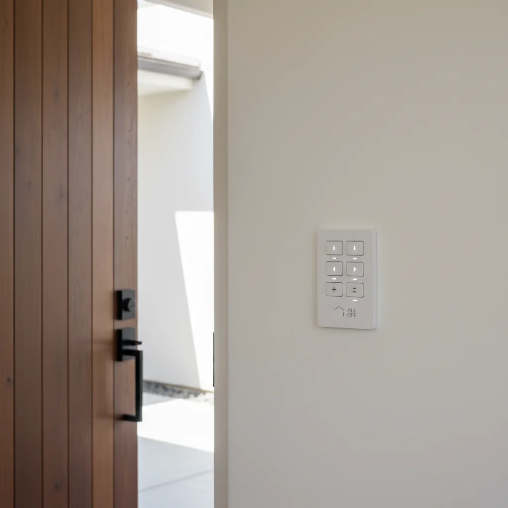 Lutron RA3 keypad on a freshly painted wall next to a wood entry door in a moder