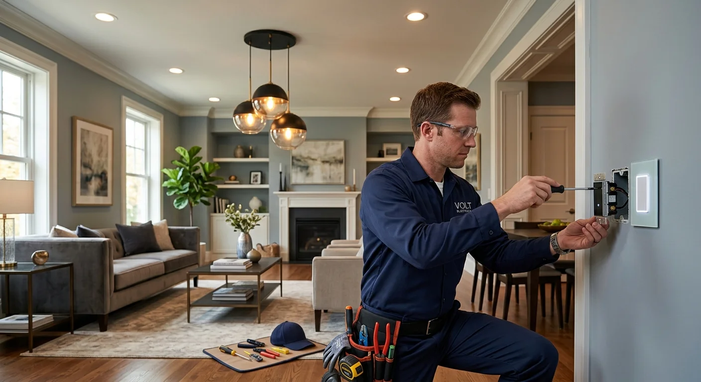 An elegant living room with smart recessed lights and pendant lights, all controlled by a sleek wall-mounted smart switch.