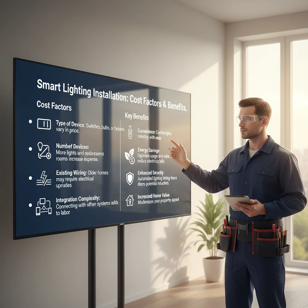 Infographic comparing smart lighting costs for DIY smart bulbs, smart switch upgrades, and full smart home lighting system installation in San Diego.