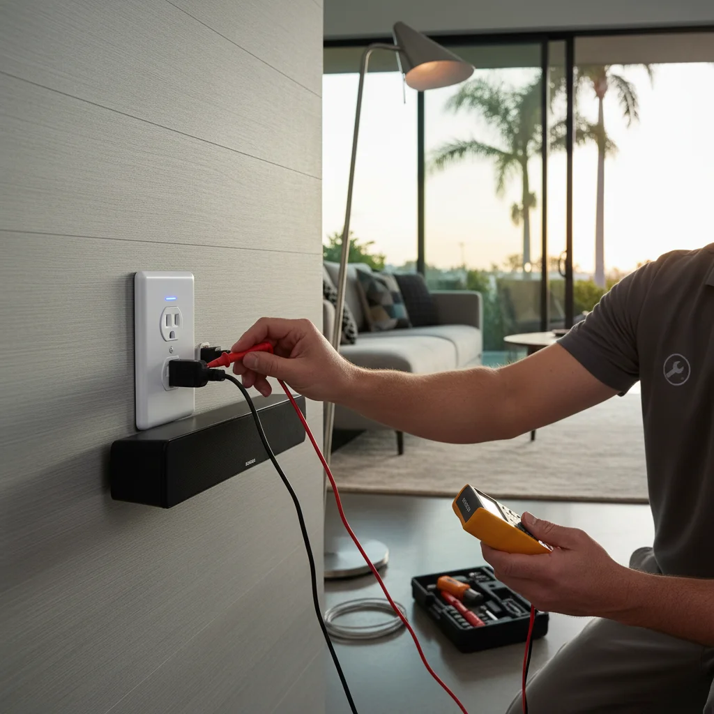 A modern white smart outlet with indicator LED installed in a San Diego living room wall