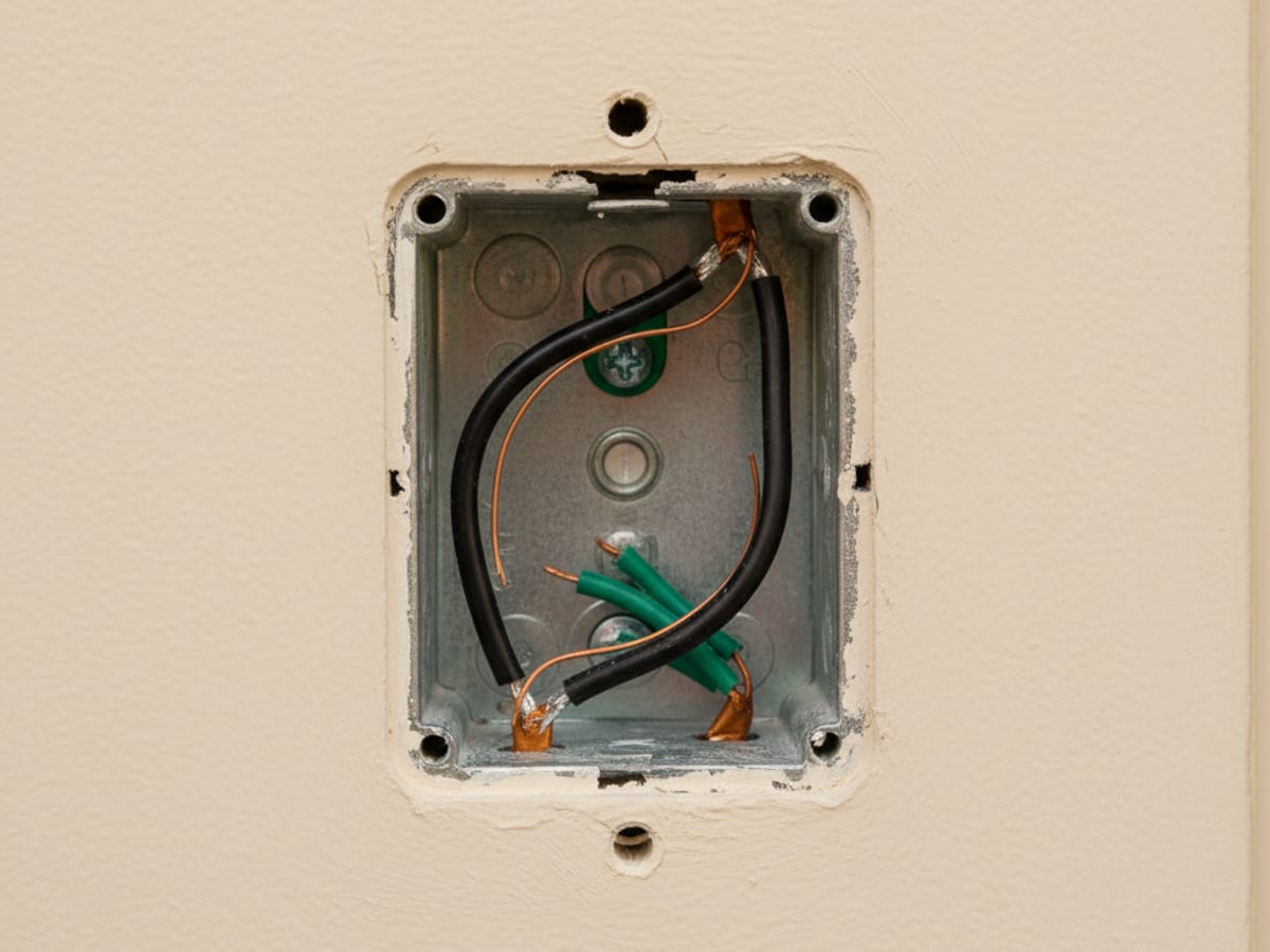 Close-up of a residential switch box showing two black conductors and a bare ground wire but no white neutral conductor visible