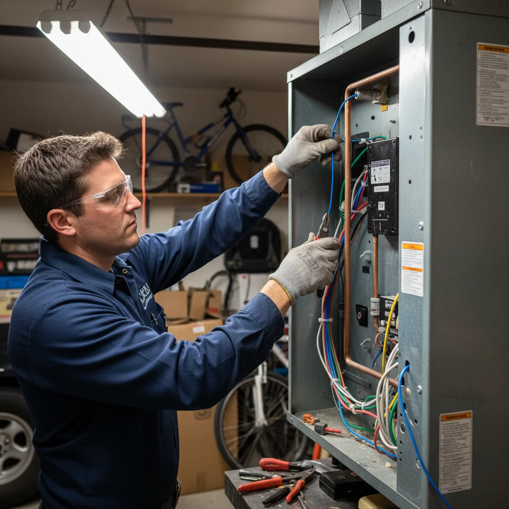 Electrician's hands at an air handler in a San Diego garage routing a new C-wire
