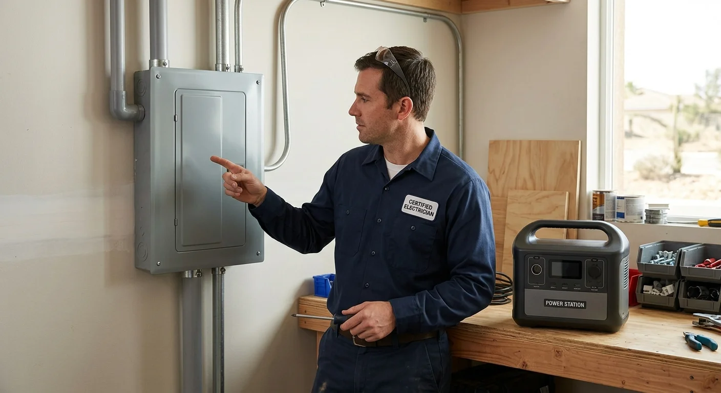 Homeowner comparing a portable solar generator with a closed electrical panel