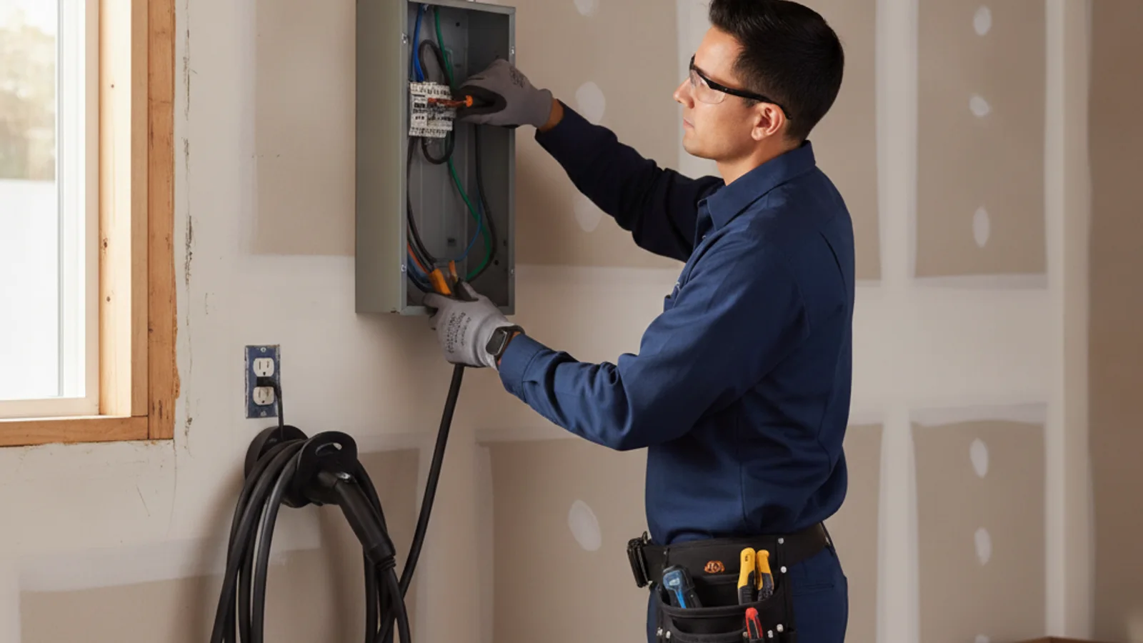 A newly installed subpanel mounted beside a main electrical panel in a San Diego garage