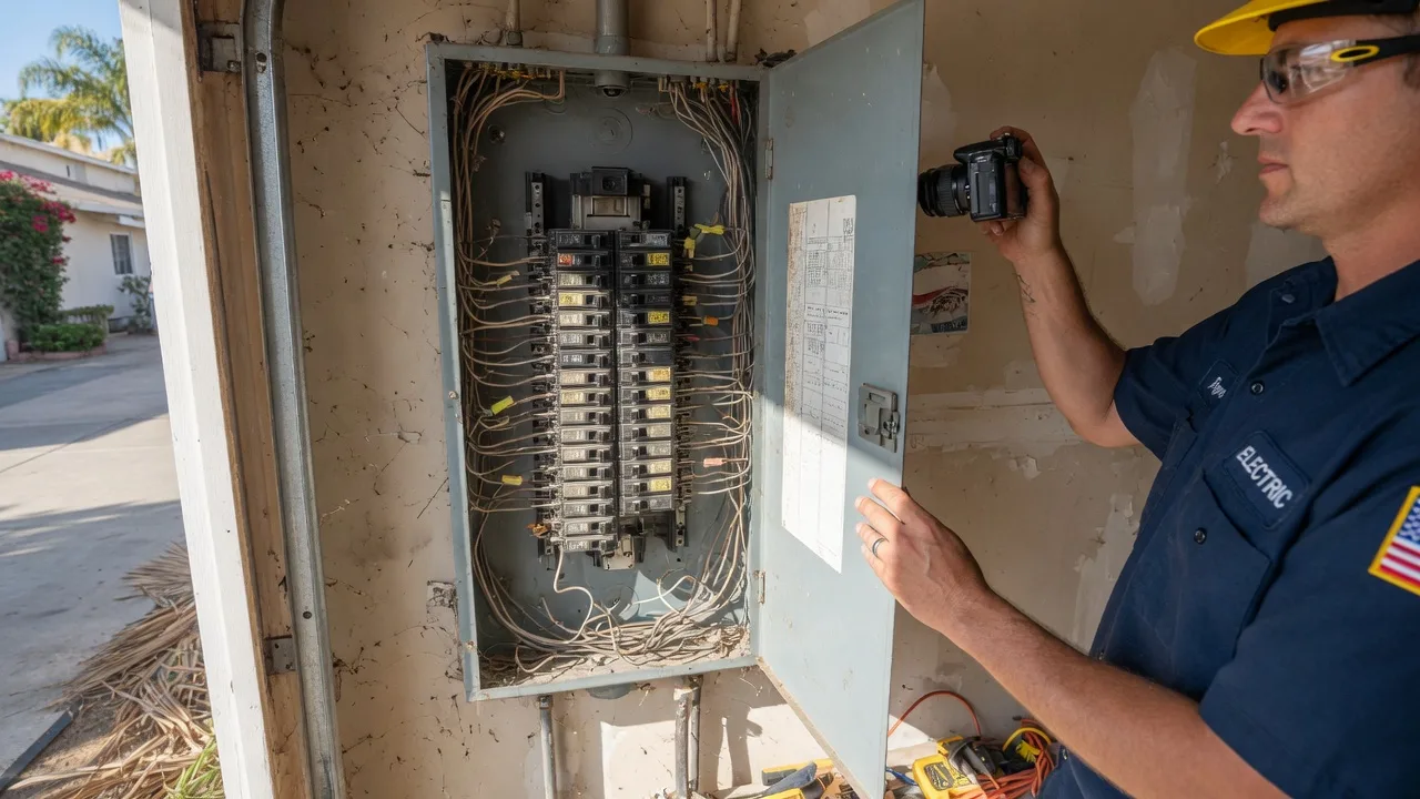 Electrician photographing an older San Diego panel filled with slim tandem breakers