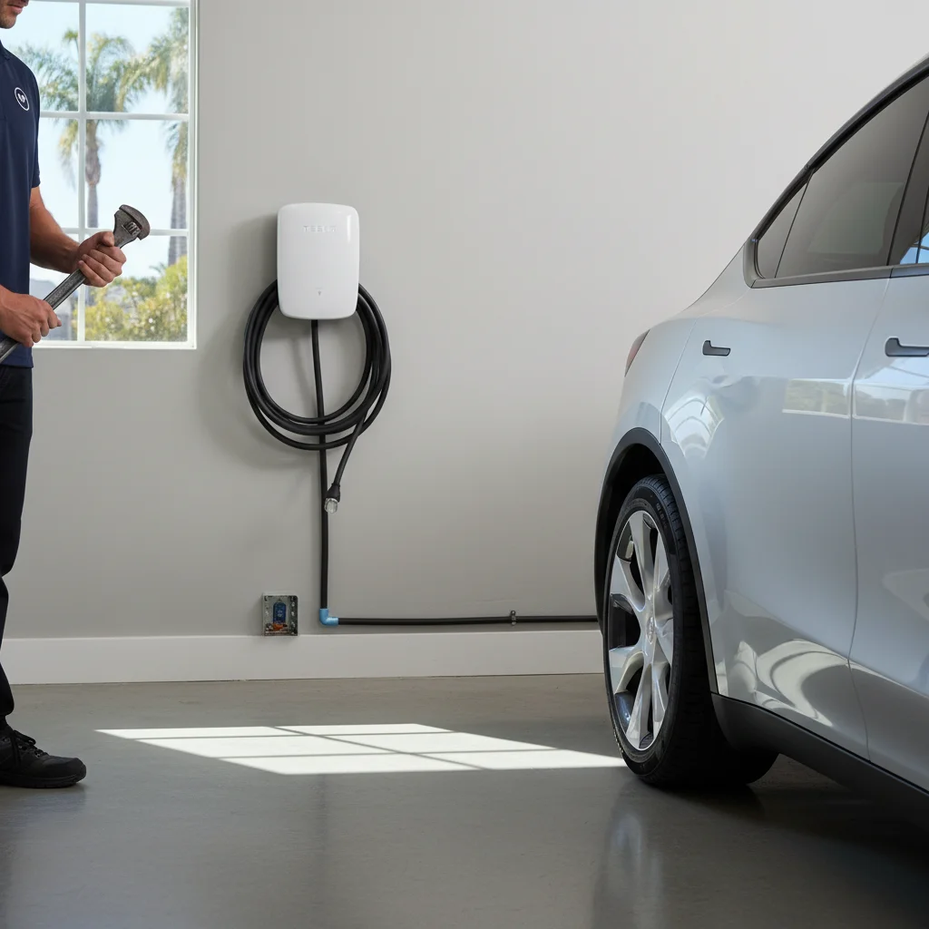 White Tesla Wall Connector mounted on a garage wall next to a silver Model Y in a San Diego home