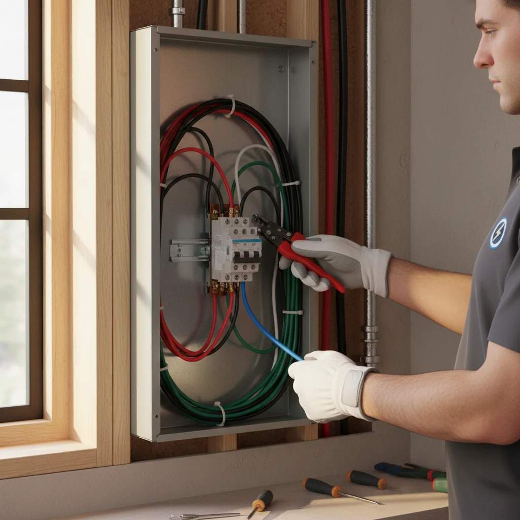 Electrician's hands wiring a 60-amp double-pole breaker into a 200-amp panel for