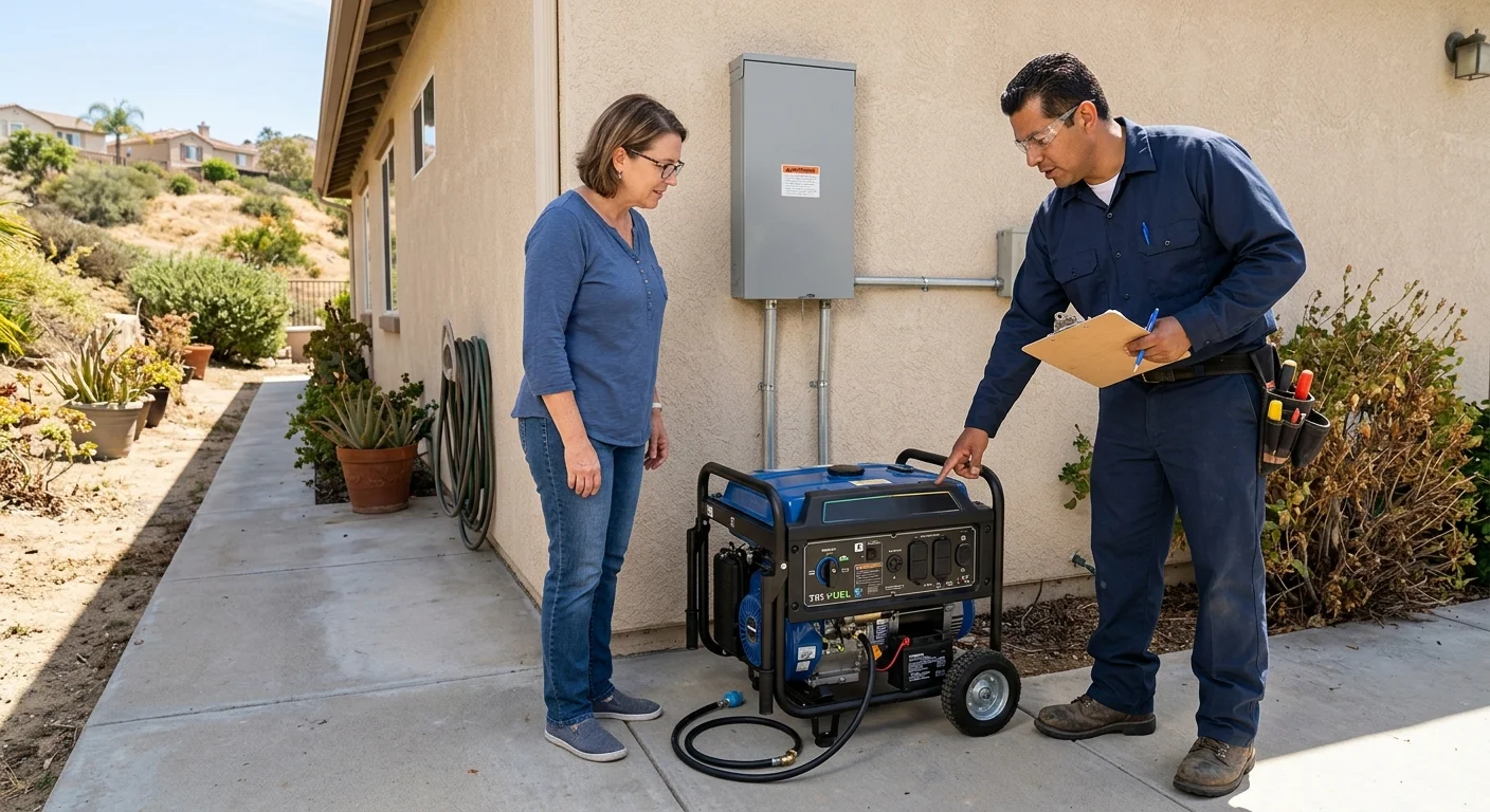 Inland San Diego homeowner and electrician reviewing a portable tri-fuel generator