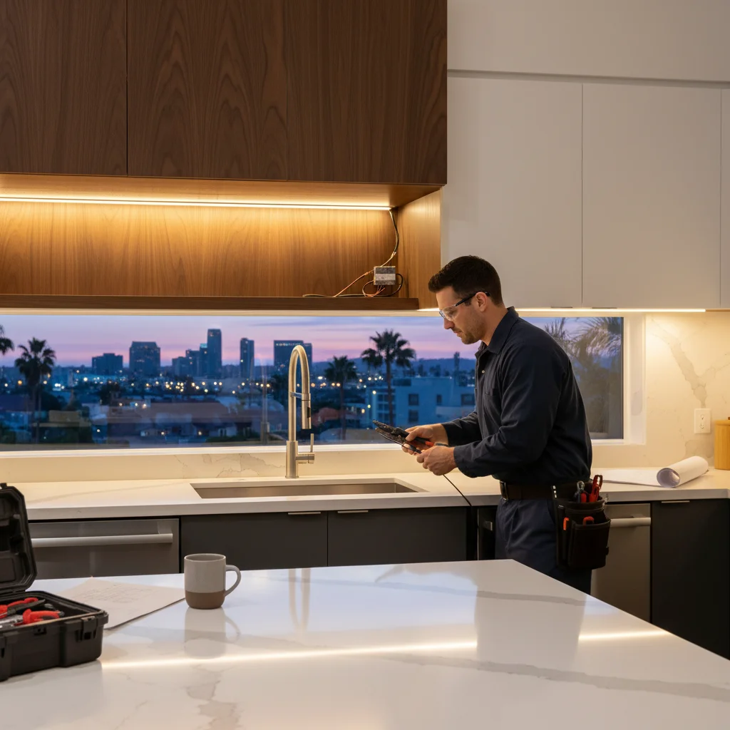 Warm white LED under-cabinet lighting illuminating a quartz countertop in a modern San Diego kitchen.