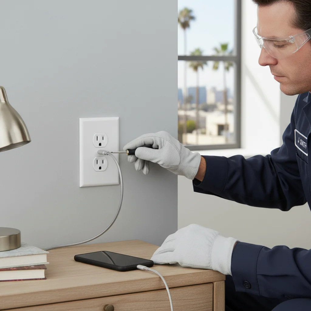 A modern white USB-C wall outlet installed at a bedside in a San Diego home with a phone plugged in.