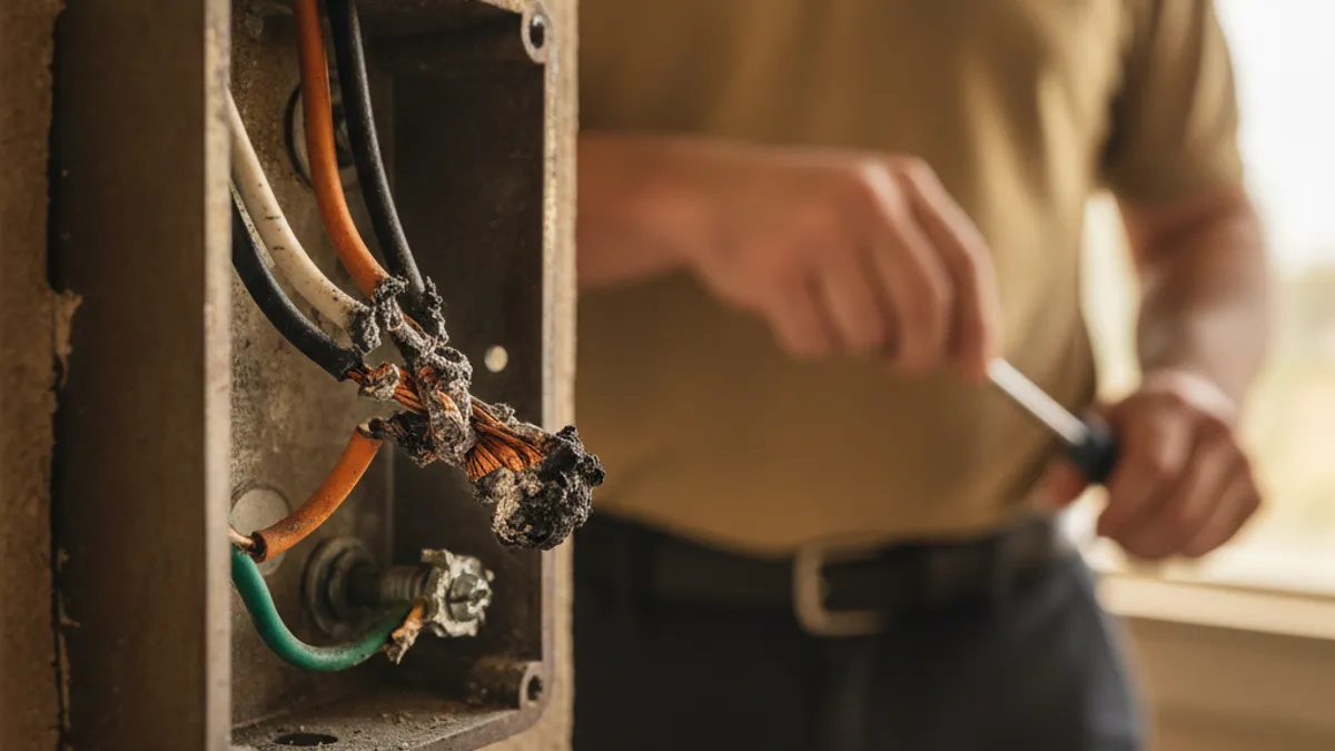 Close-up of a scorched wire connection inside an open outlet box, showing blackened insulation where a short circuit occurred