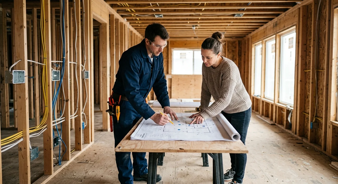 Homeowner and wiring professional reviewing audio locations on a remodel plan