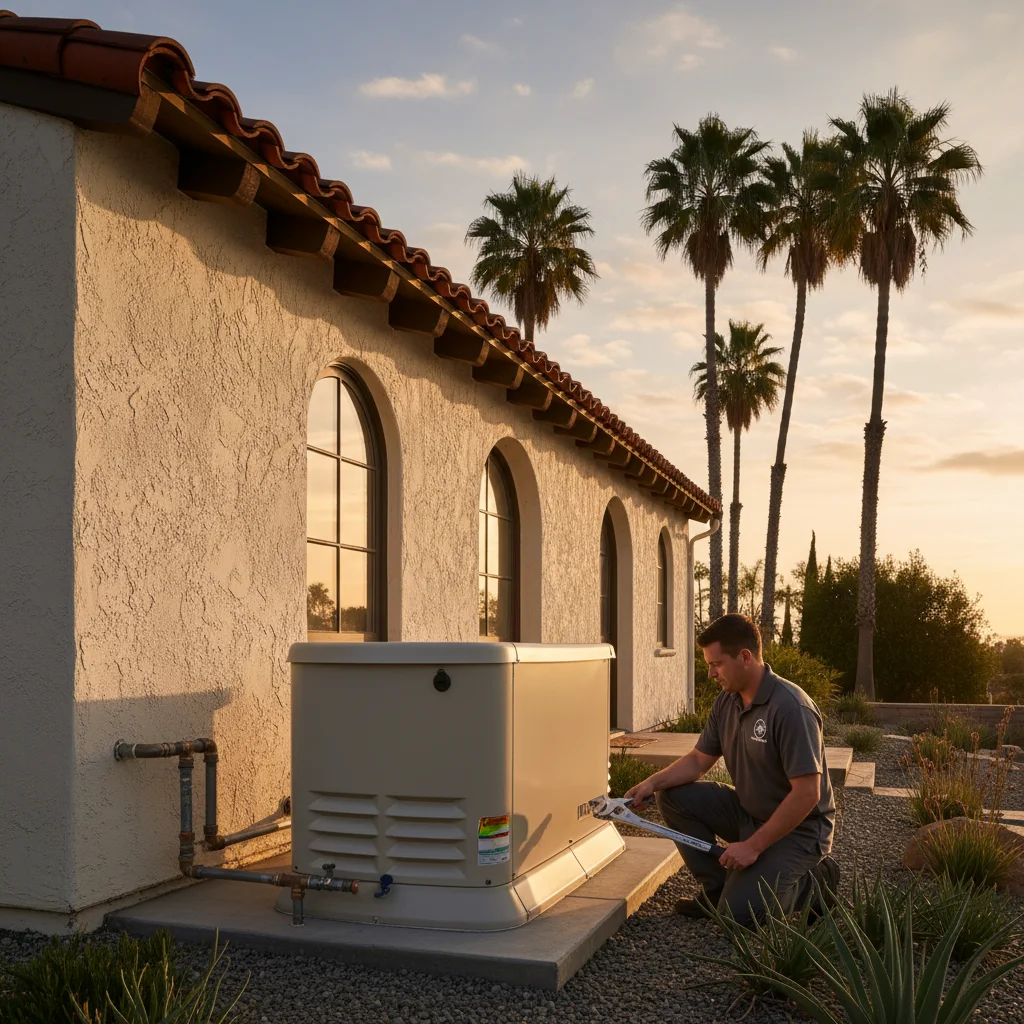 Generac standby generator on a concrete pad beside a Spanish-style San Diego home with palm trees in the background