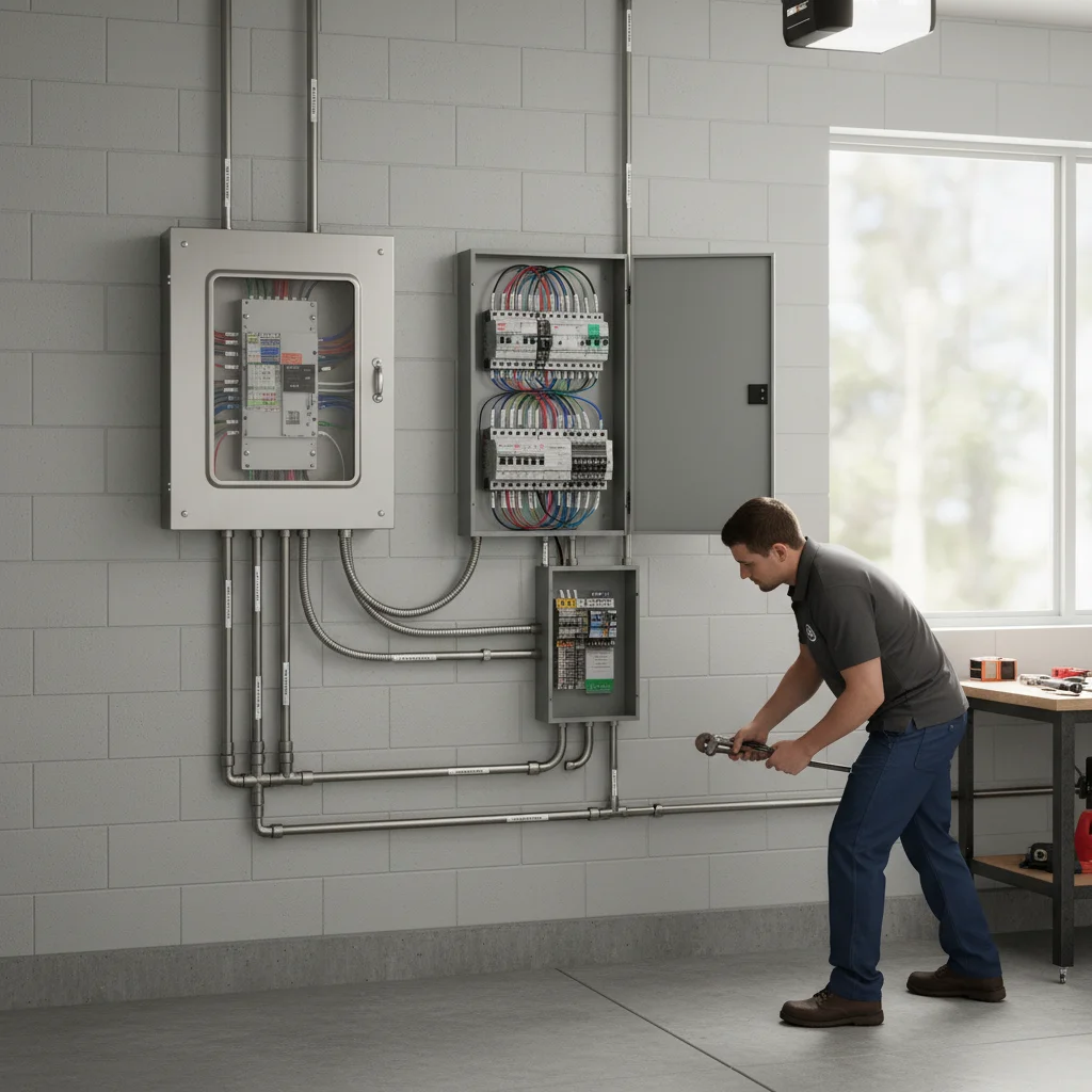 Automatic transfer switch mounted next to a 200-amp electrical panel in a tidy garage with labeled wiring