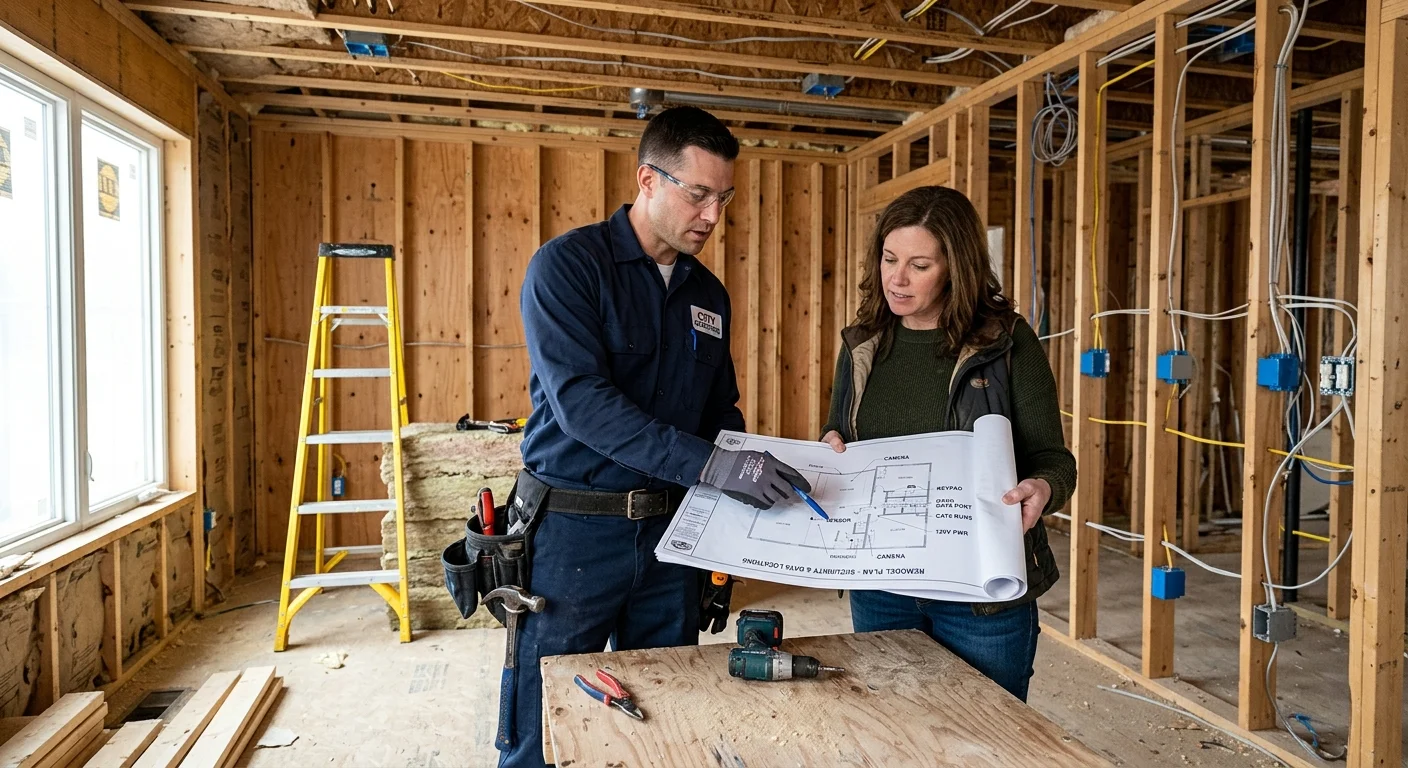 Homeowner and wiring professional reviewing security device locations
