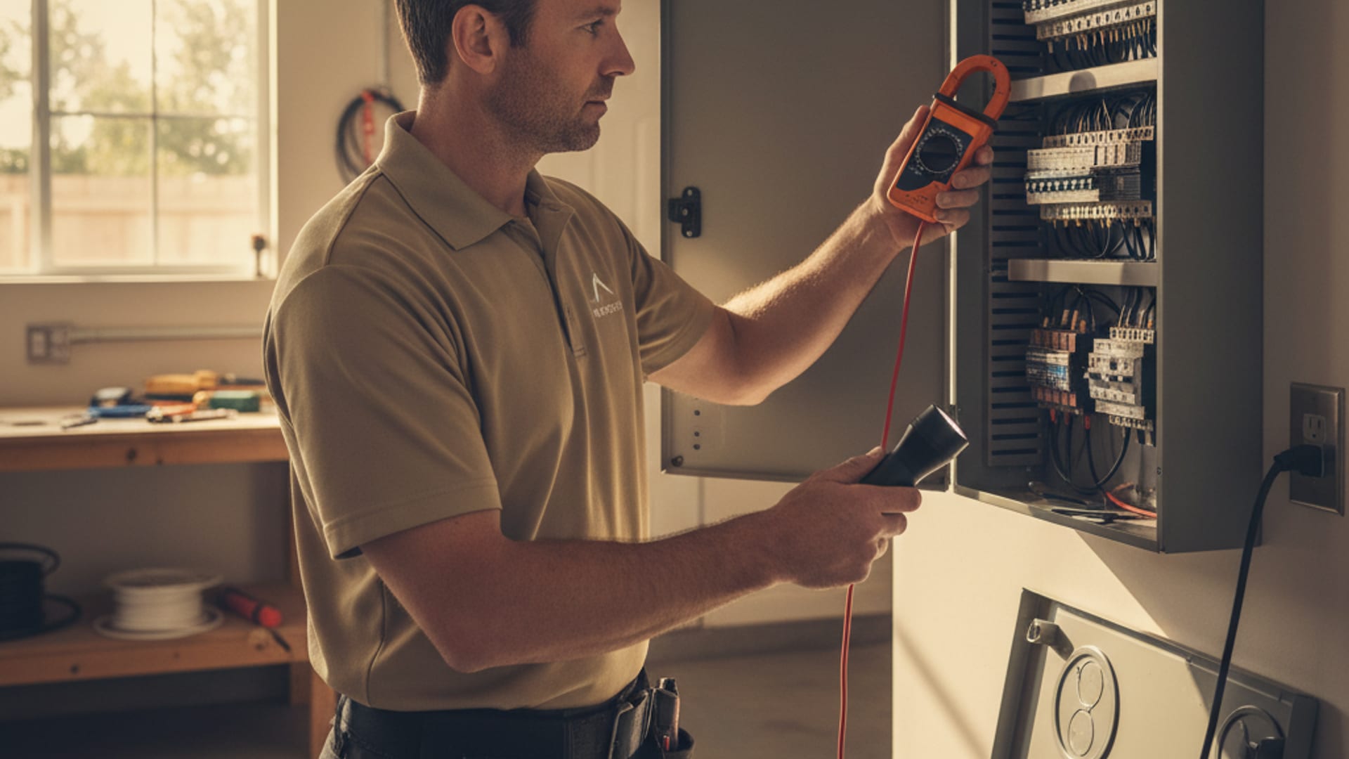 Licensed electrician inspecting a residential electrical panel with a clamp meter in San Diego afternoon light