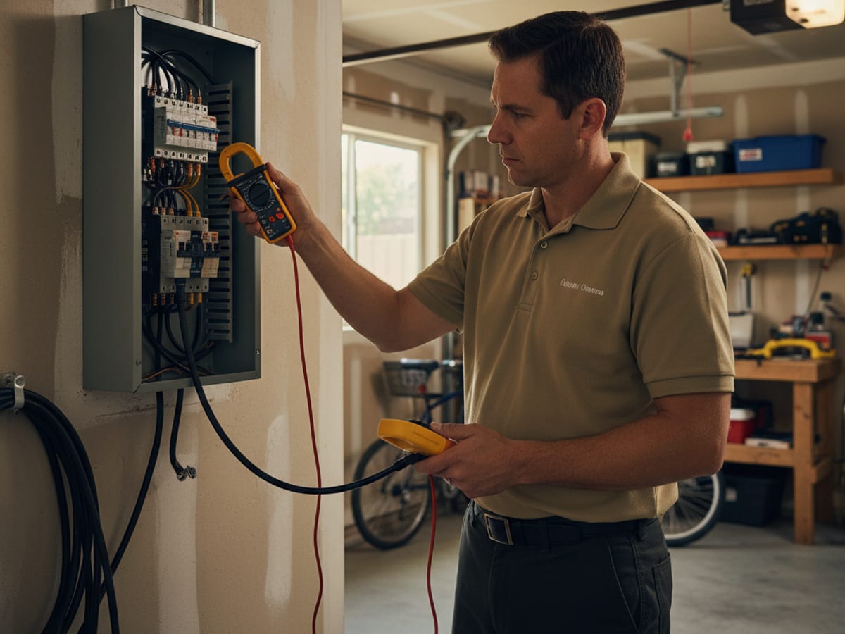 Electrician using a clamp meter to diagnose a tripping circuit at a San Diego electrical panel