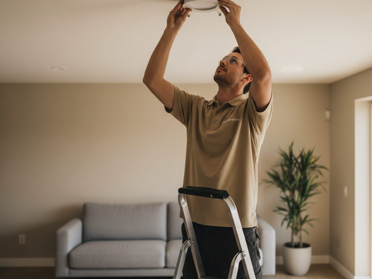 Electrician installing LED recessed downlights in a San Diego living room ceiling