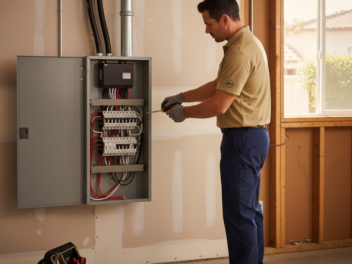 Licensed electrician installing a new 200-amp main breaker panel inside a San Diego garage