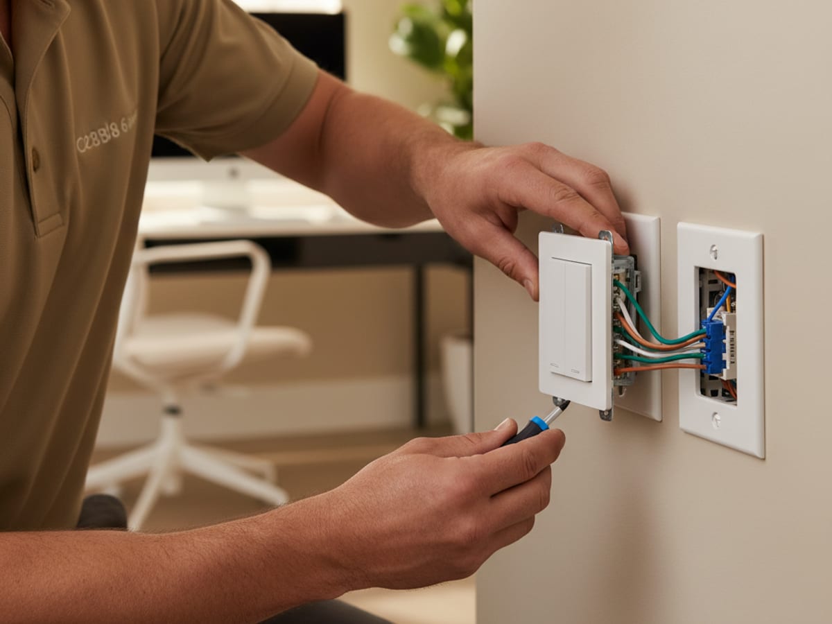 Electrician installing a Lutron smart switch and Cat6 outlet in a San Diego home office